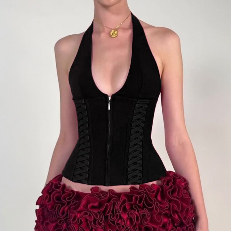 Trisica - Halter V-hals tanktop met open rug, rits en slim fit