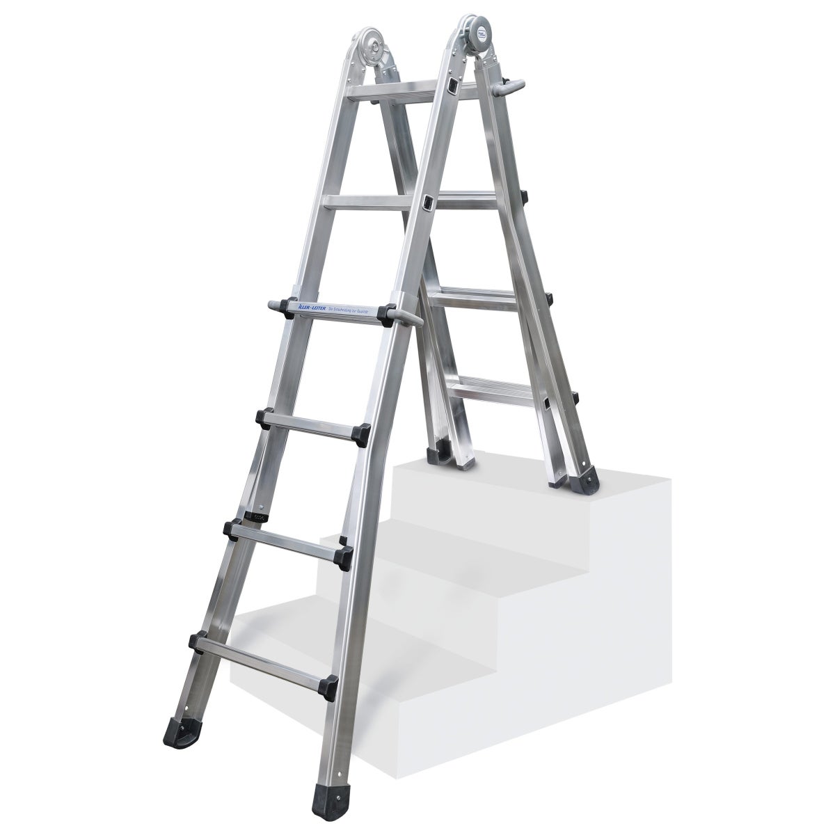 Iller telescopische ladder, aan beide zijden toegankelijk met 4x4 sporten en een werklengte van 4,95 m