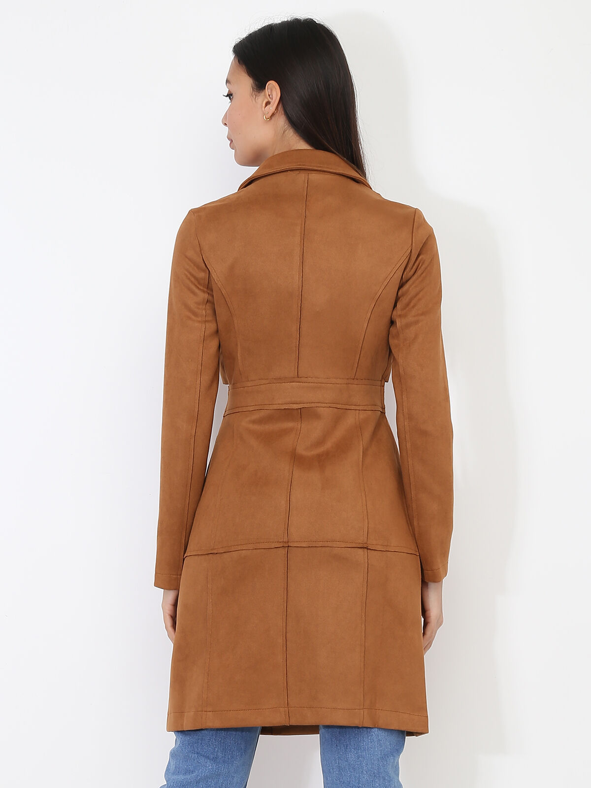 Veste longue ceinturée en suédine- Camel foncé