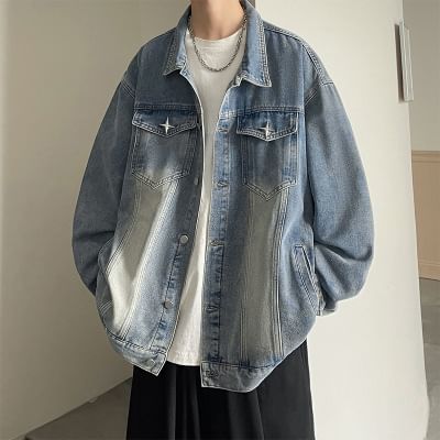 FOEV - Gewassen denim jasje met kraag en sterrenaccent