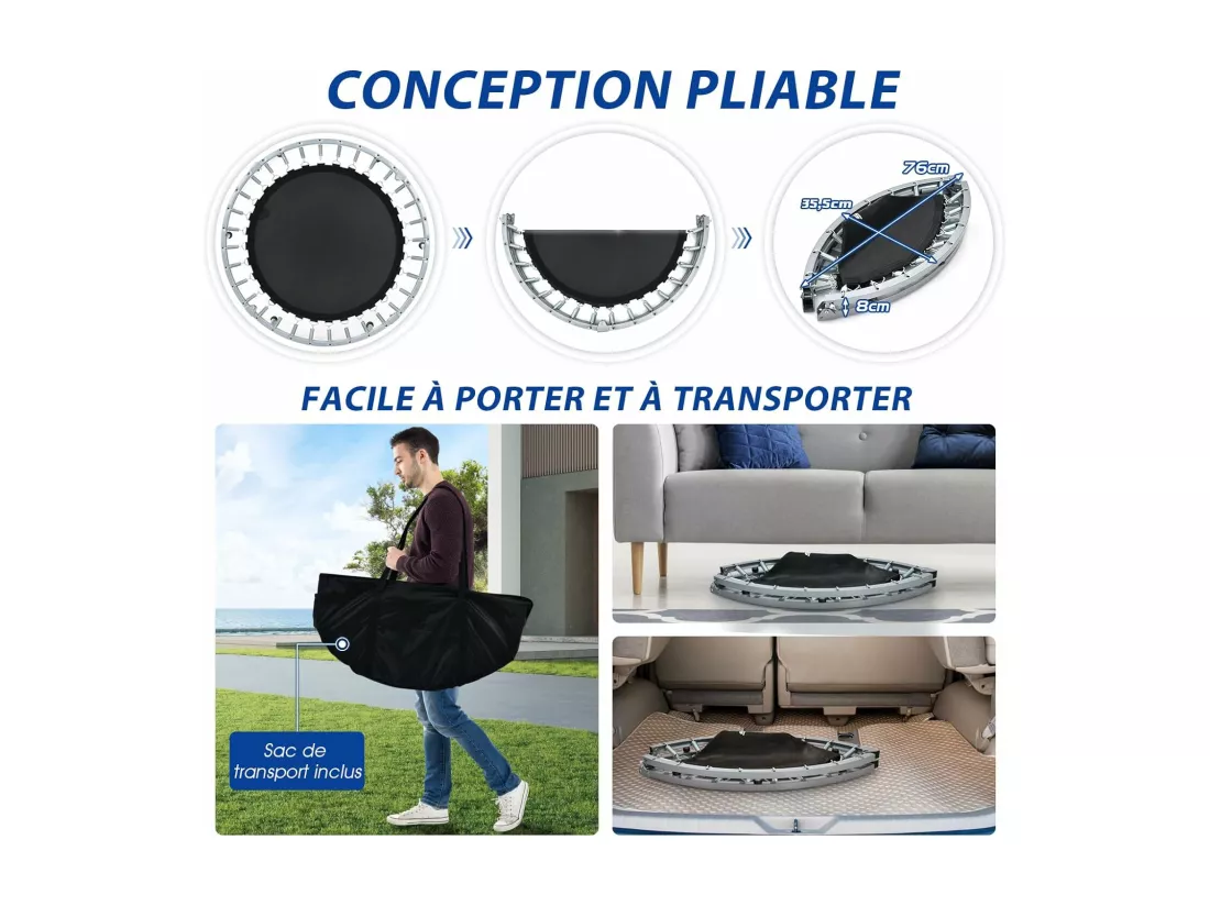 Trampoline de Fitness Pliable Ø101cm avec Poignée Réglable en Hauteur(96-112cm), Trampoline d'Intérieur avec Cadre en Acier & Housse de Protection, Charge 150kg pour Enfant Adulte