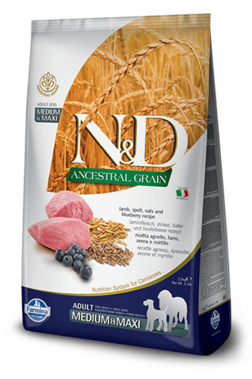 Croquettes n&d ancestral agneau & myrtille chien adulte medium/maxi 2,5kg
