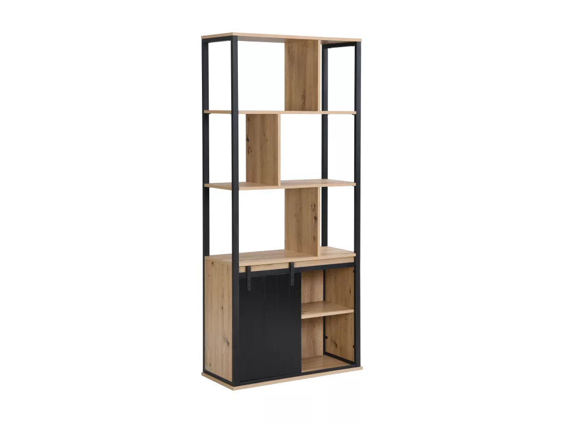 Bibliothèque avec rangements et 1 porte coulissante en MDF et acier - Naturel et Noir - YALENA
