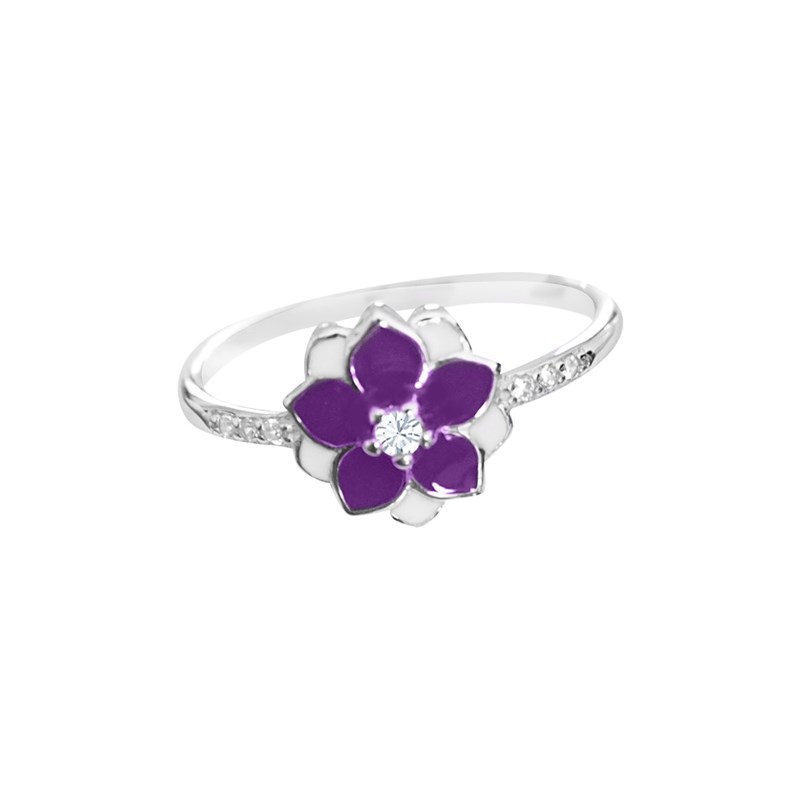 Bague fleur en argent rhodié avec émail violet et oxydes de zirconium
