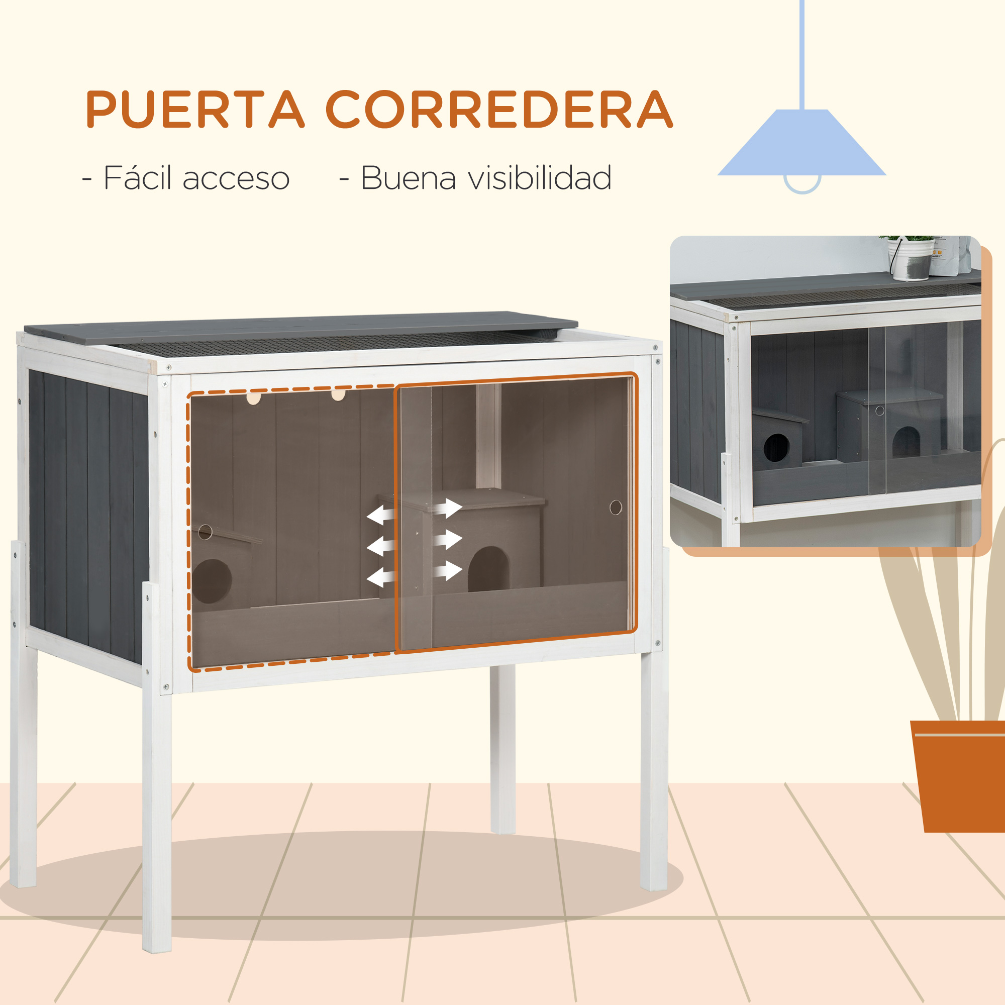 Gaiola de madeira PawHut para hamster, 82x45x81 cm, com 2 portas de acrílico, prateleira removível, 2 casinhas para pequenos animais, cinza escuro.