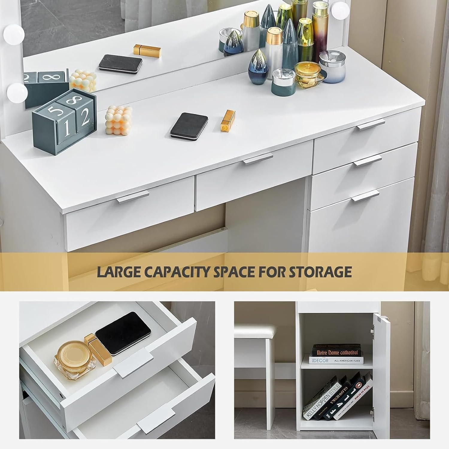 CLIPOP Große Schminktisch mit LED-Beleuchtung und Spiegel, Vanity Table, Kosmetiktisch mit 4 Schubladen und Kabinett, Frisiertisch mit Hocker für das Schlafzimmer, Weiß