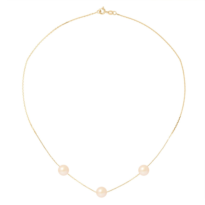 Collier Ras du Cou Femme Chaine Forcat Or jaune 750/1000 et 3 Perles de Culture Roses
