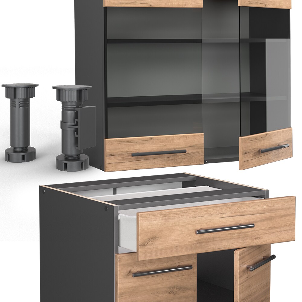 Vicco Küchenzeile Küchenblock Einbauküche Fame-Line Single Anthrazit Eiche 140 cm modern Küchen Schränke Spülenunterschrank Schubunterschrank Hängeschrank Hängeglasschrank