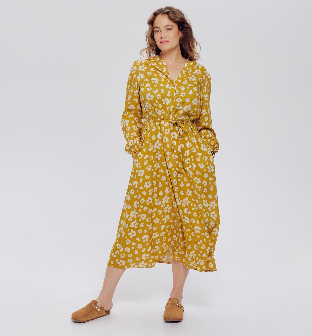 Robe mi-longue imprimée Femme - Imprimé ocre