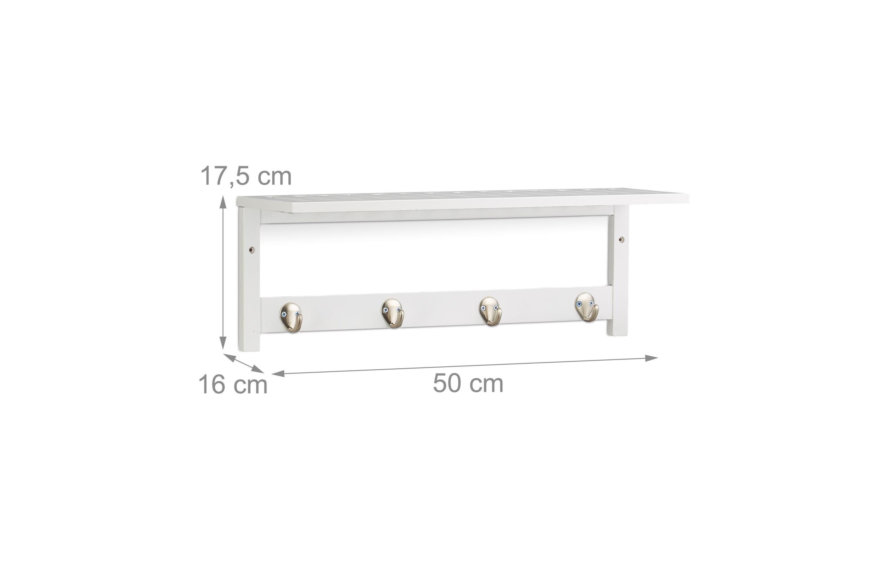 Wandregal mit 4 Haken 50 cm x 17.5 cm, WeissHängeregal