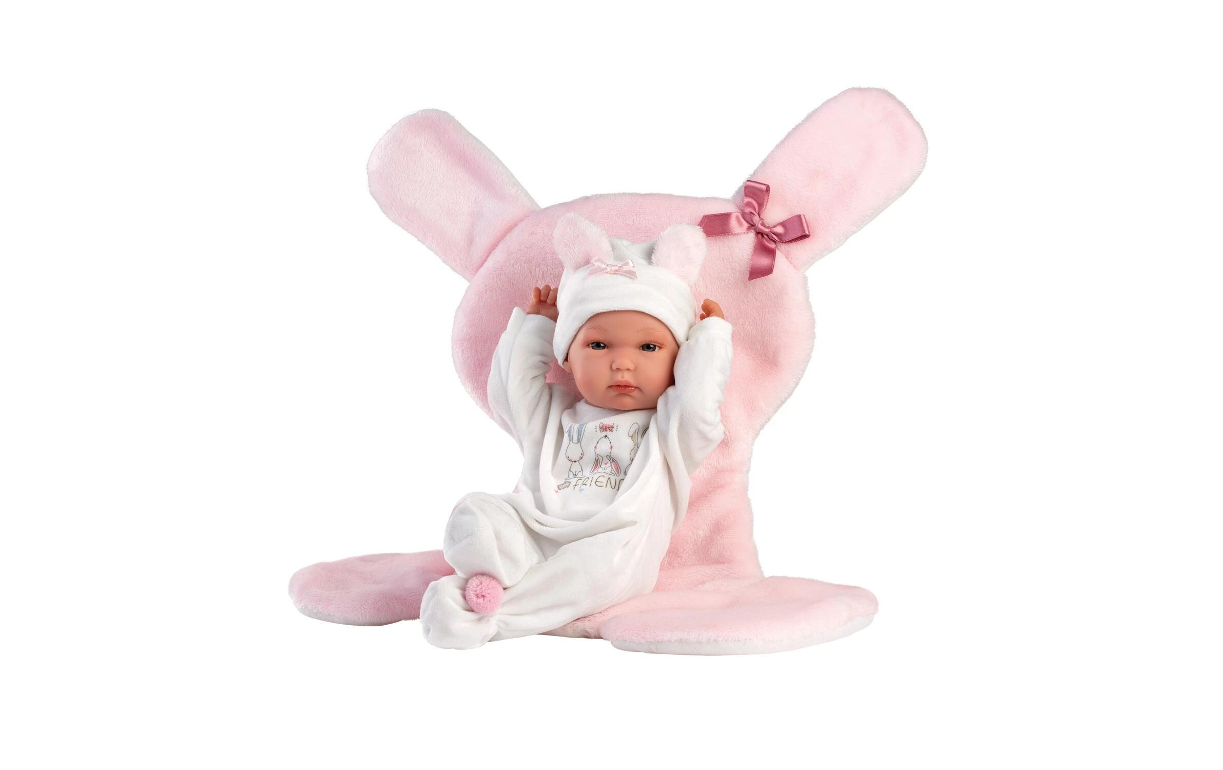 Babypuppe Bimba rosa mit Hasendecke 35 cmNew Born Puppe, komplett aus zartem Vinyl