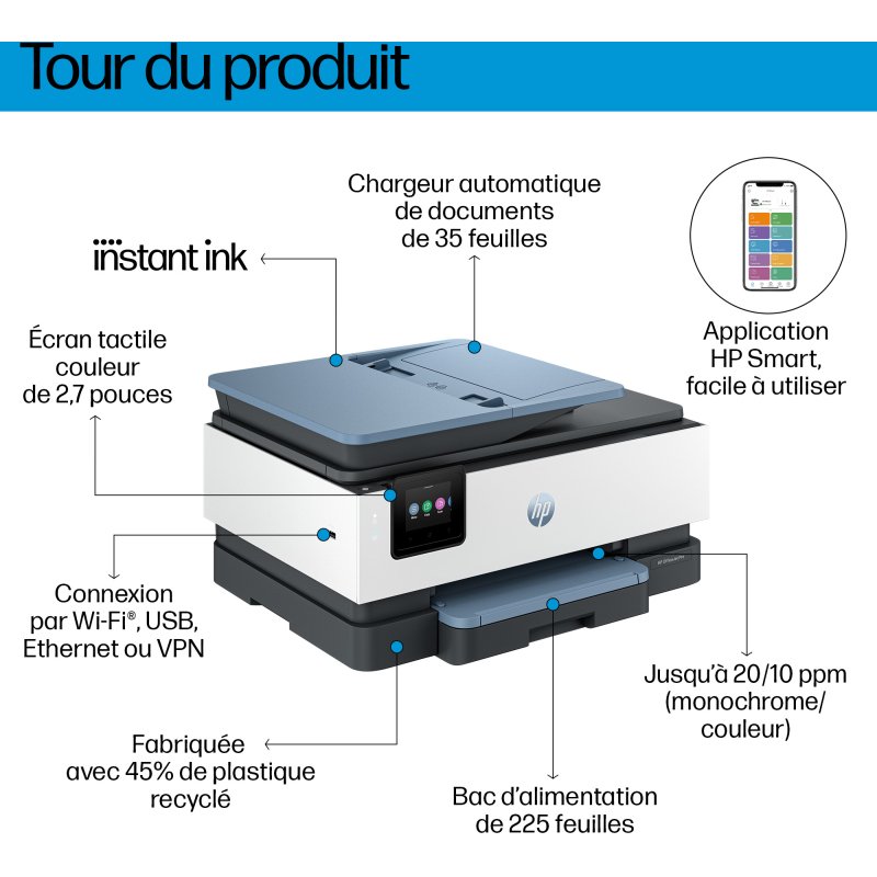 HP OfficeJet Pro 8125e Sans fil All-in-One Couleur Imprimante, Instant Ink; Impression recto-verso