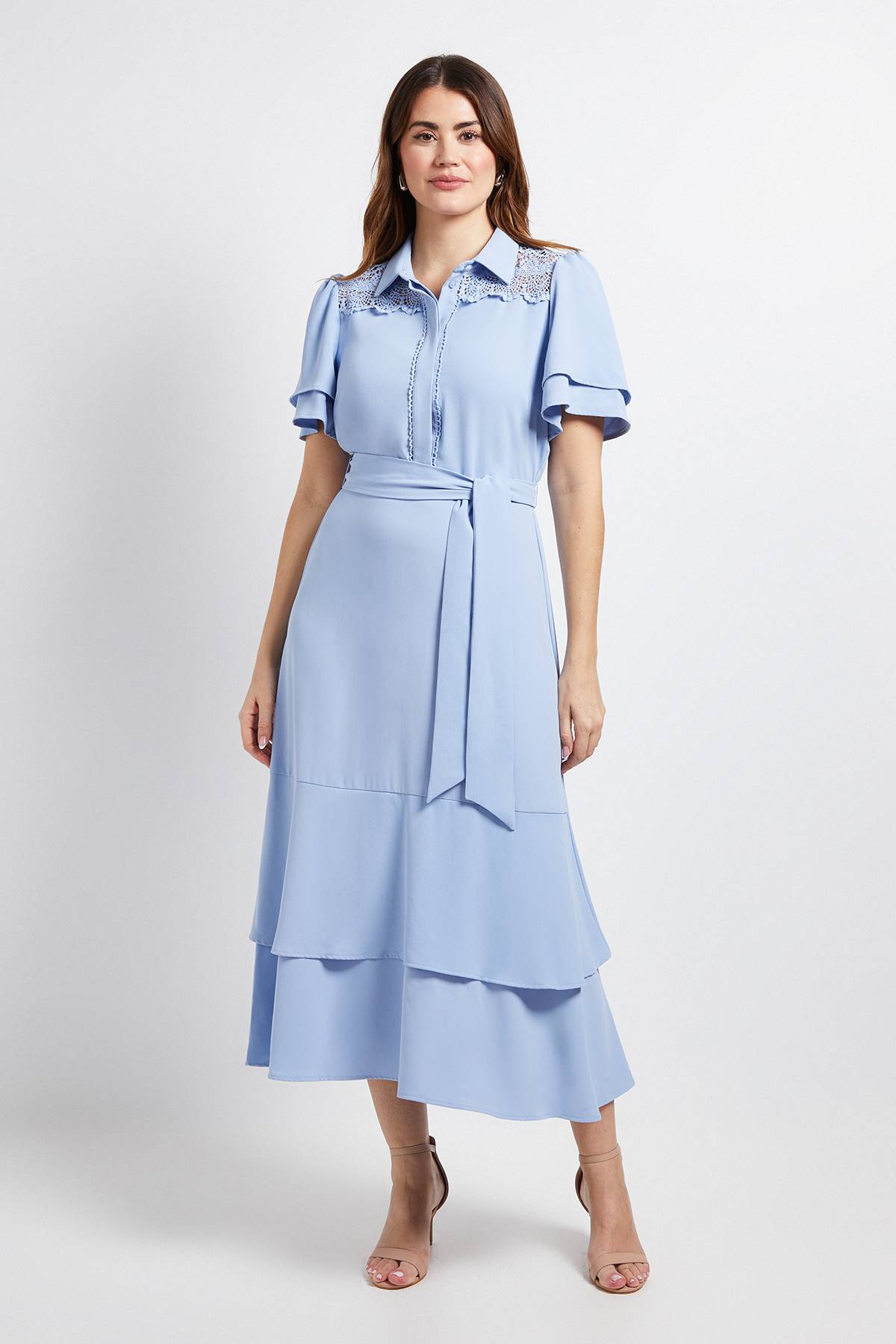 Wallis Robe Midi À Manches Volantées Avec Empiècement En Dentelle