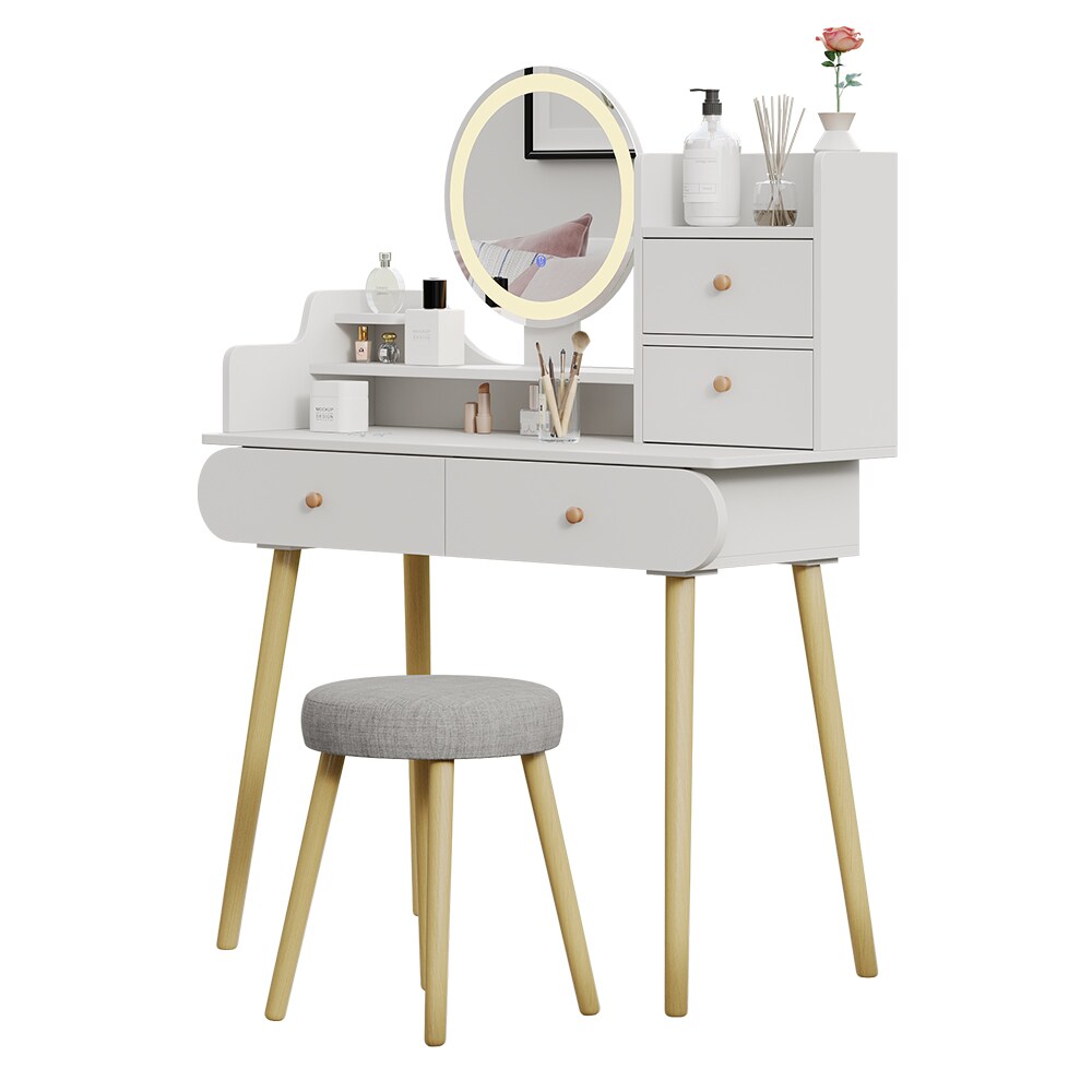 Vicco Schminktisch Edda LED-Spiegel Hocker 100 x 76 cm Weiß Frisiertisch modern
