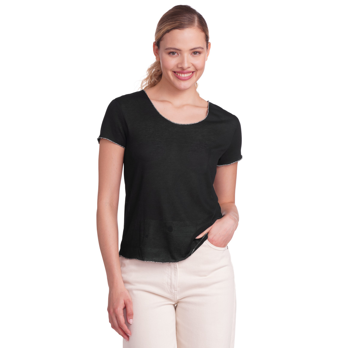 Gina Collection Damen T-Shirt mit glänzender Abschlussnaht schwarz