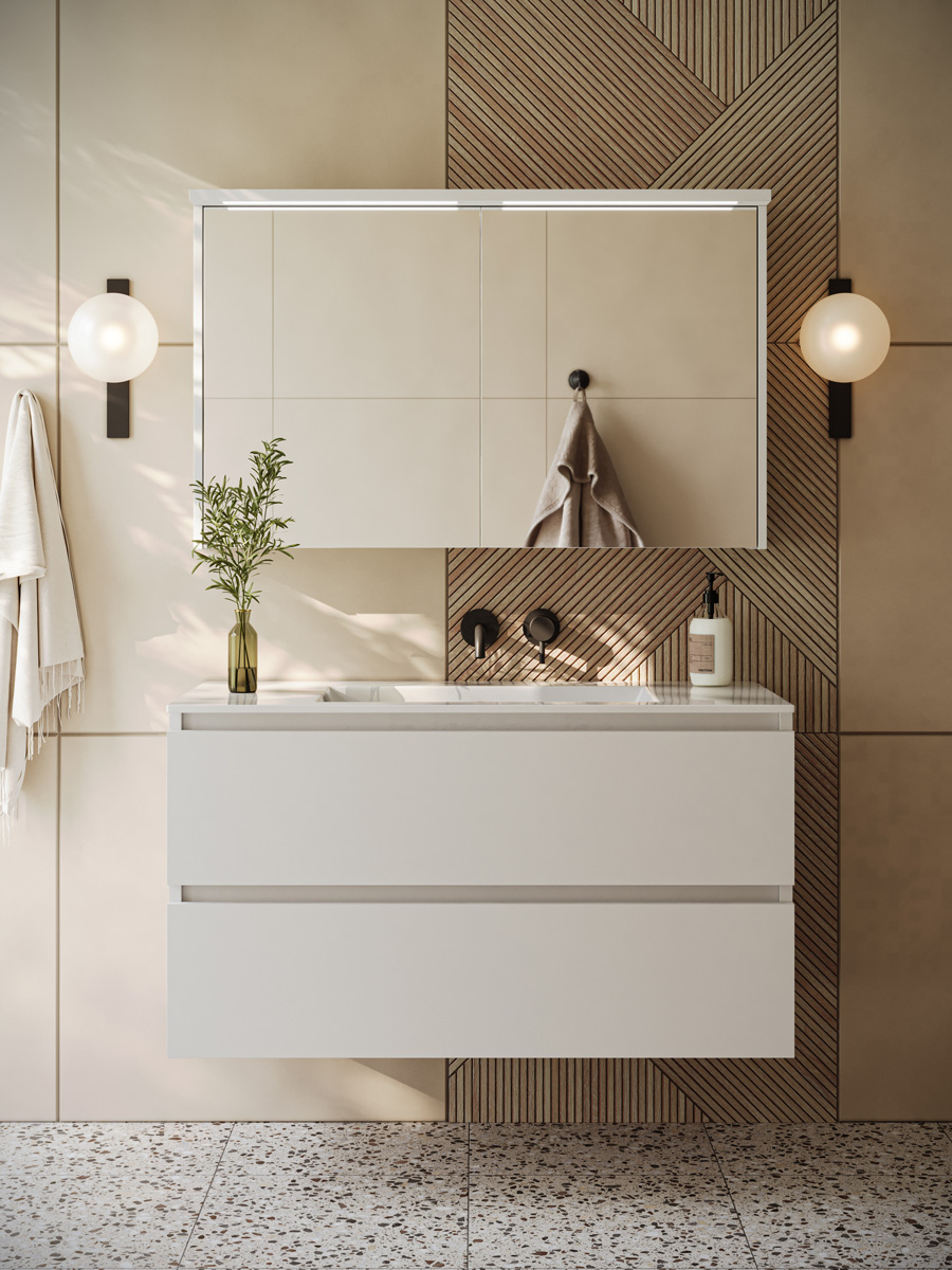 Fontana Rovigo badmeubel 100cm wit mat met witte wastafel zonder kraangat en spiegelkast met verlichting