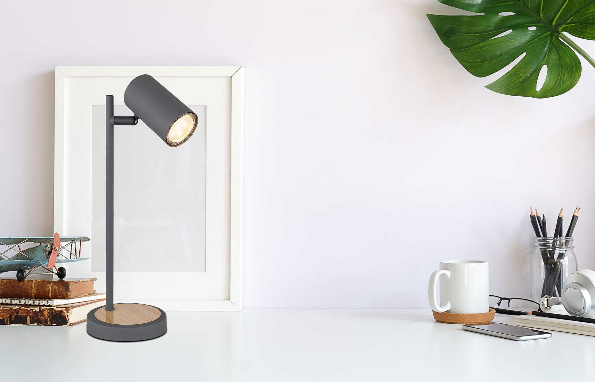 GLOBO Retrofit LED Tisch Leselampe ROBBI graphit /Holzdekor