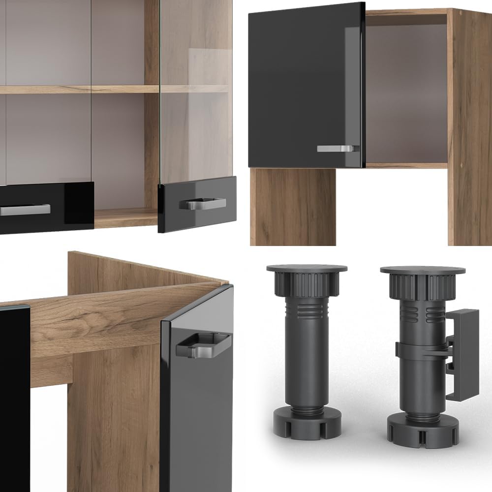 Vicco Eckküche R-Line, Schwarz Hochglanz/Goldkraft Eiche, 237 x 247 cm ohne Arbeitsplatte