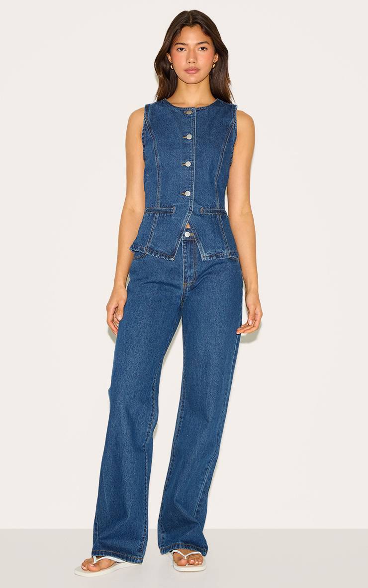 Bleu Foncé Jean Droit Taille Mi-haute