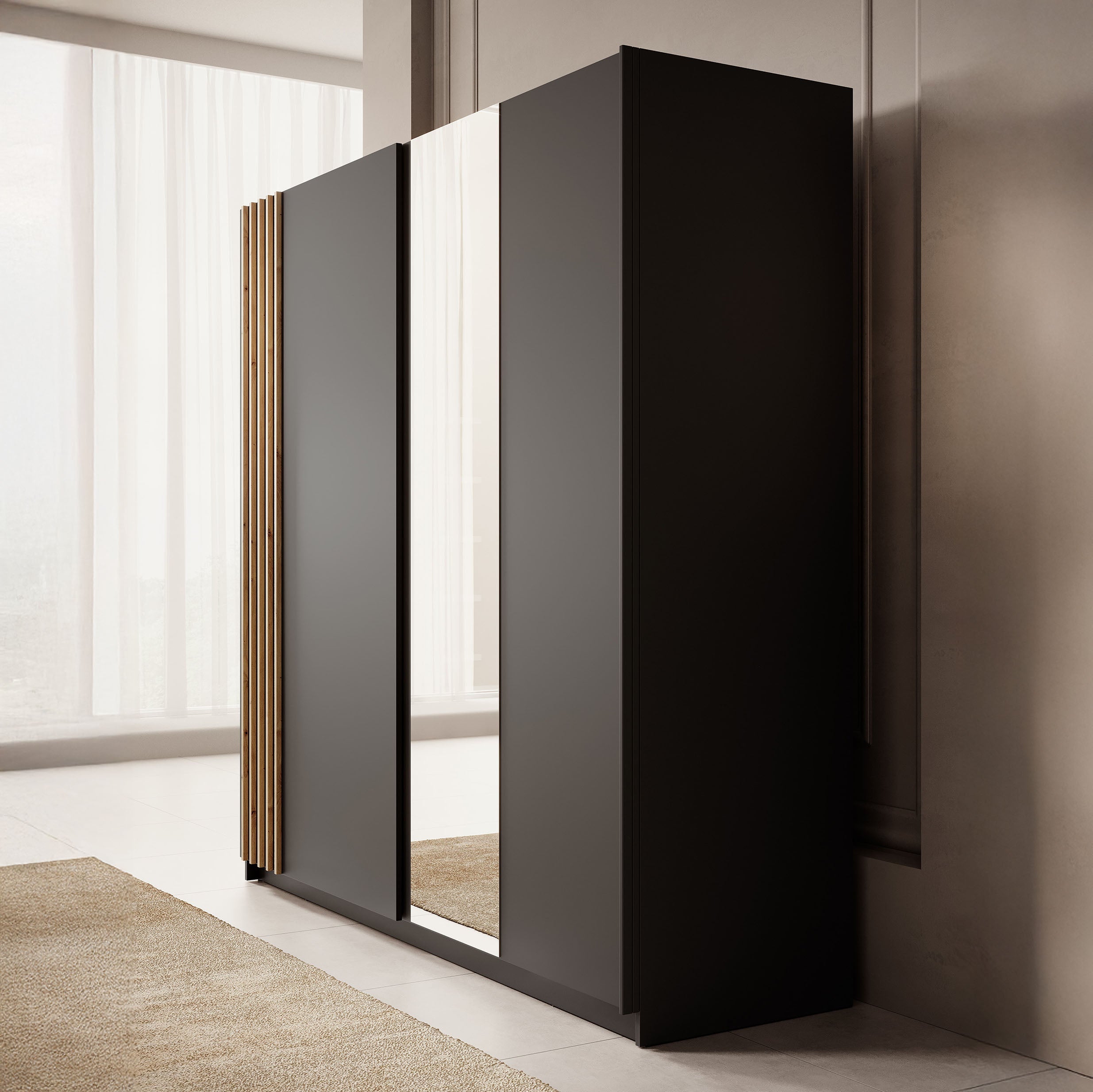 Meubella - Kledingkast Boets - Zwart - Eiken - 200 cm - Met spiegel