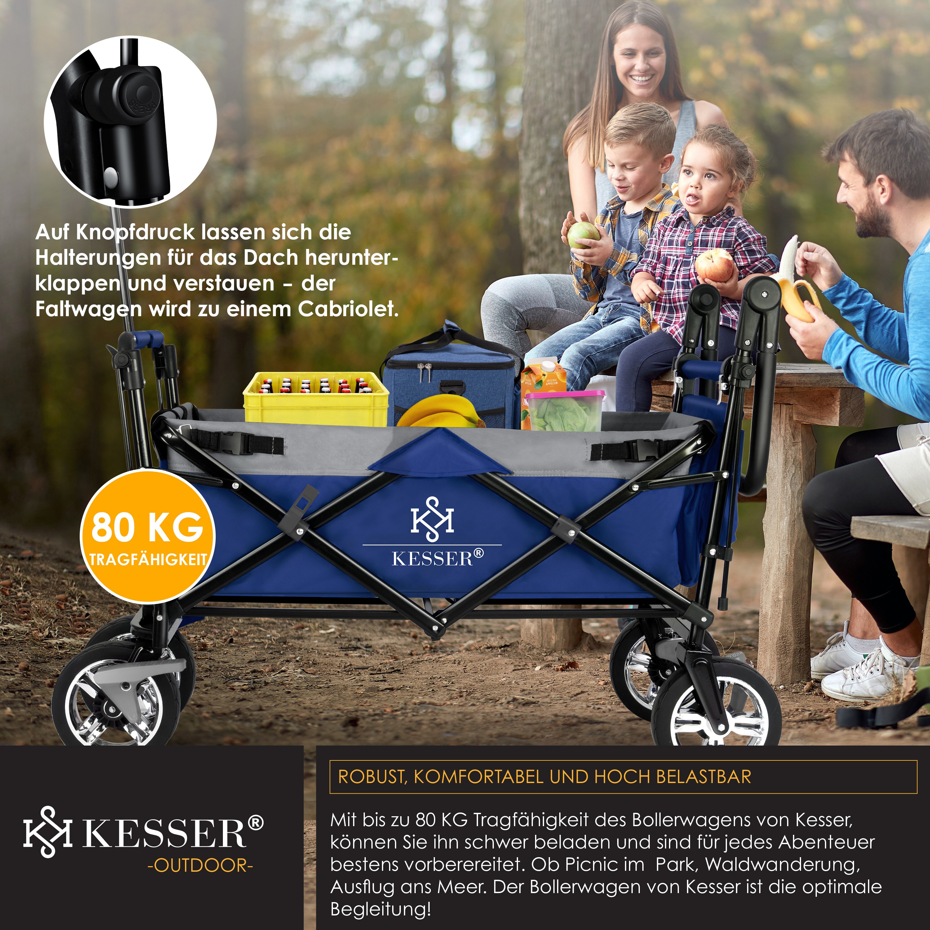 KESSER® Bollerwagen faltbar GT9000 mit Dach Handwagen Transportwagen | inkl. 2x 3-Punkt Gurtsystem| klappbar | Vollgummi-Reifen | bis 80 kg | Vorder- und Hinter-Bremse | + Tragetasche