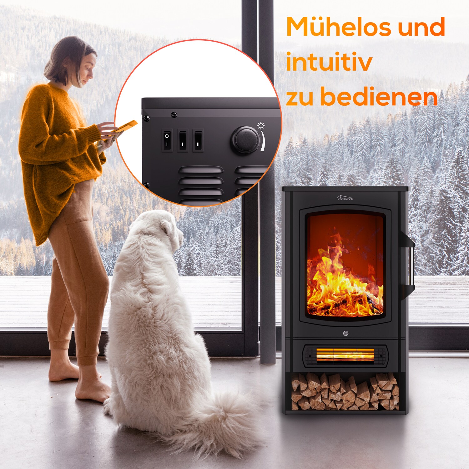 TroniTechnik® Elektrokamin elektrisch - Kaminfeuer mit LED Flammeneffekt, 1kW/2kW Watt,Thermostat,Sichtfenster 2000 Watt