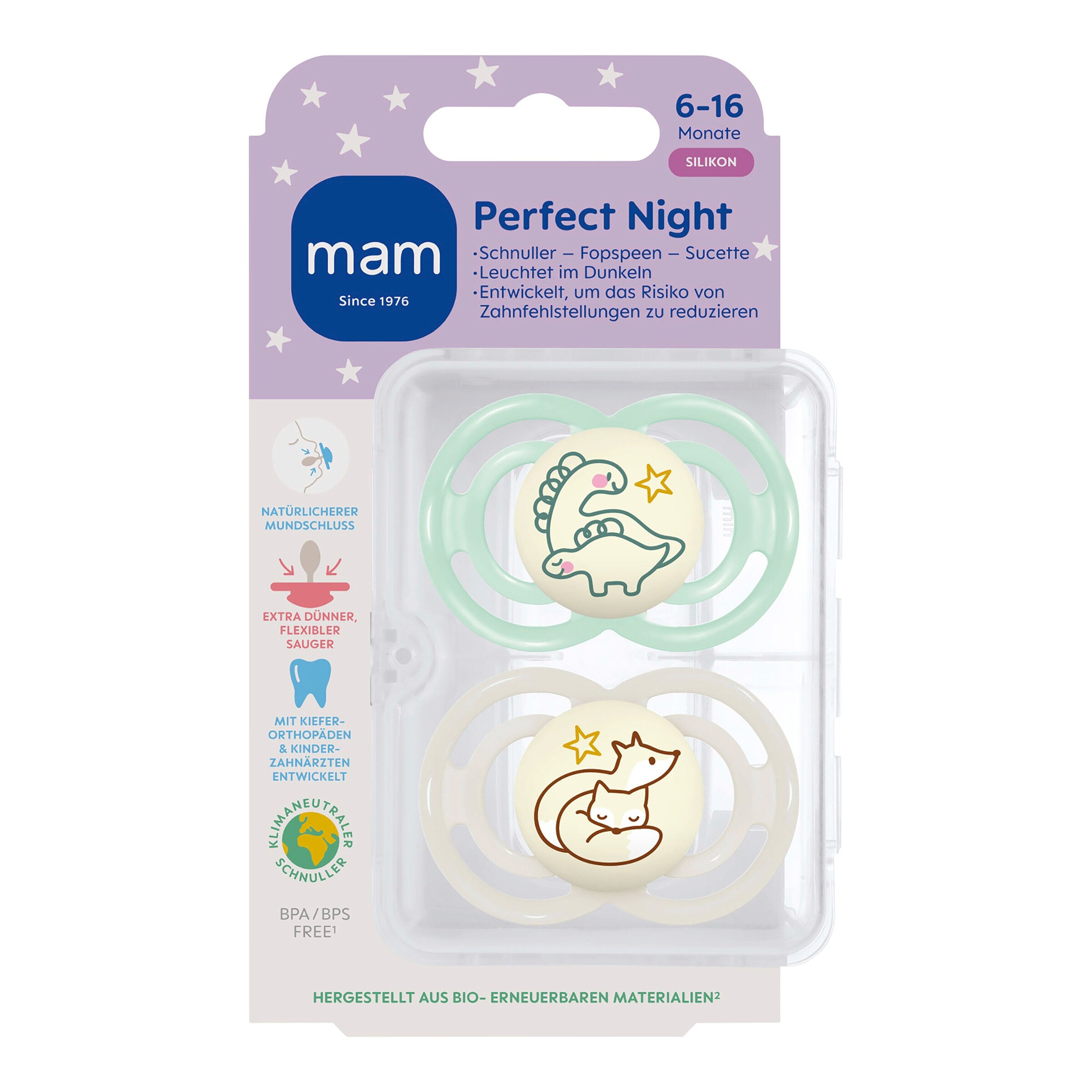 MAM 2er-Pack Schnuller Perfect Night Silikon, 6-16M uni