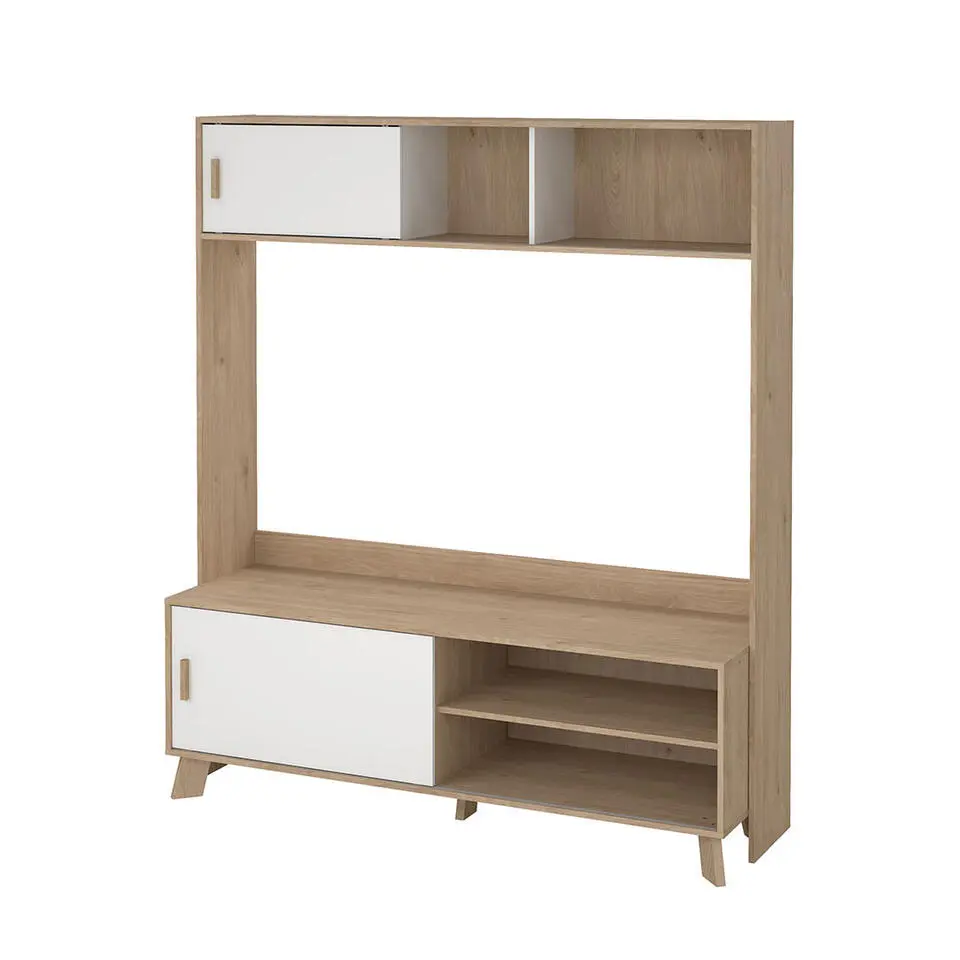 Hioshop Ikast wandkast Systeem voor TV- 2 schuifdeuren eiken decor- wit