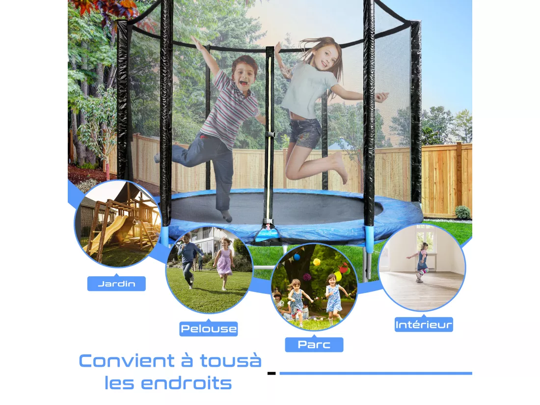 Trampoline de Jardin Enfants et Adultes Jeux d'Extérieur 244 cm Noir et Bleu Avec Filet de sécurité Couverture de protection