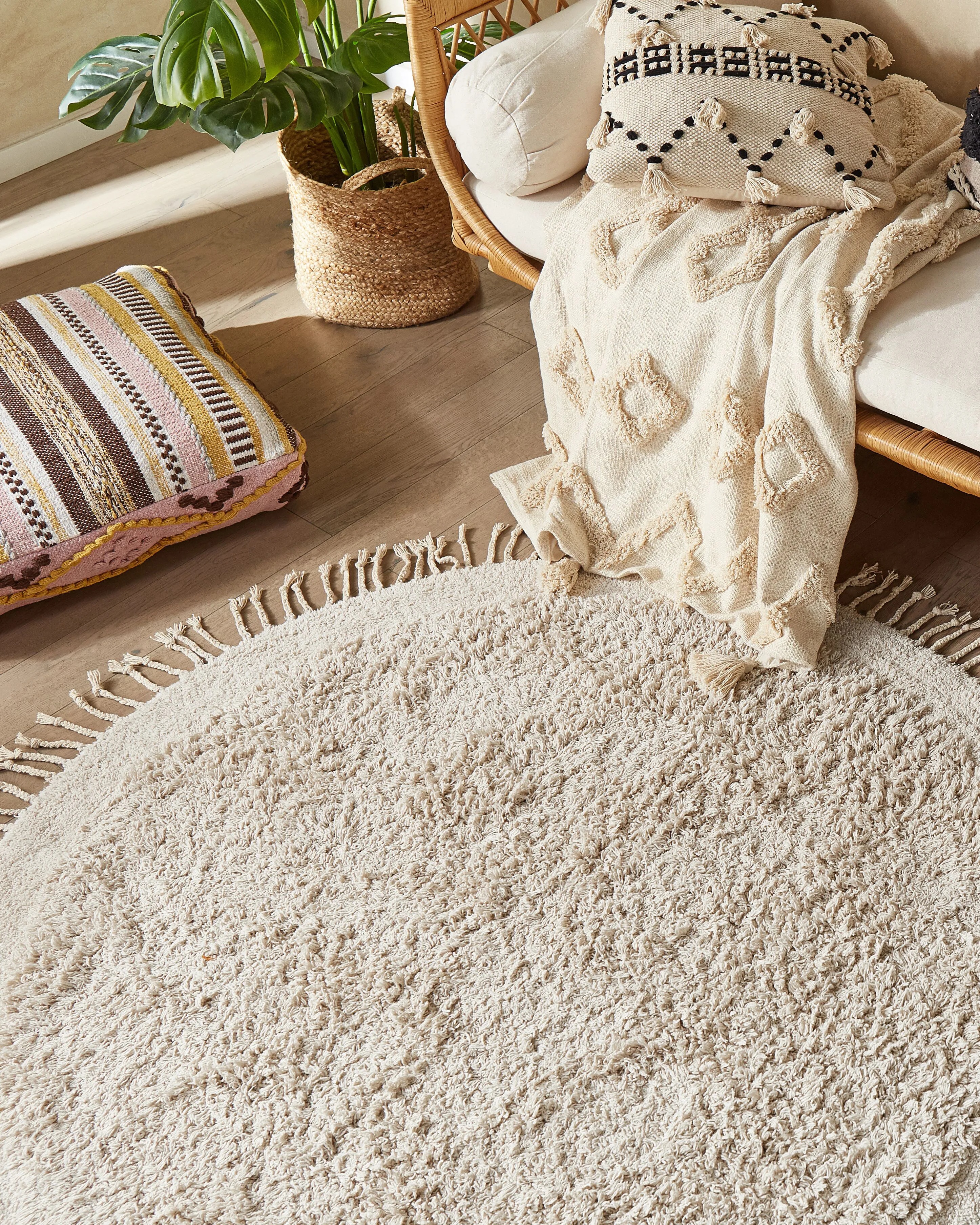 Vloerkleed BITLIS Lichtbeige ø 140 cm Katoen