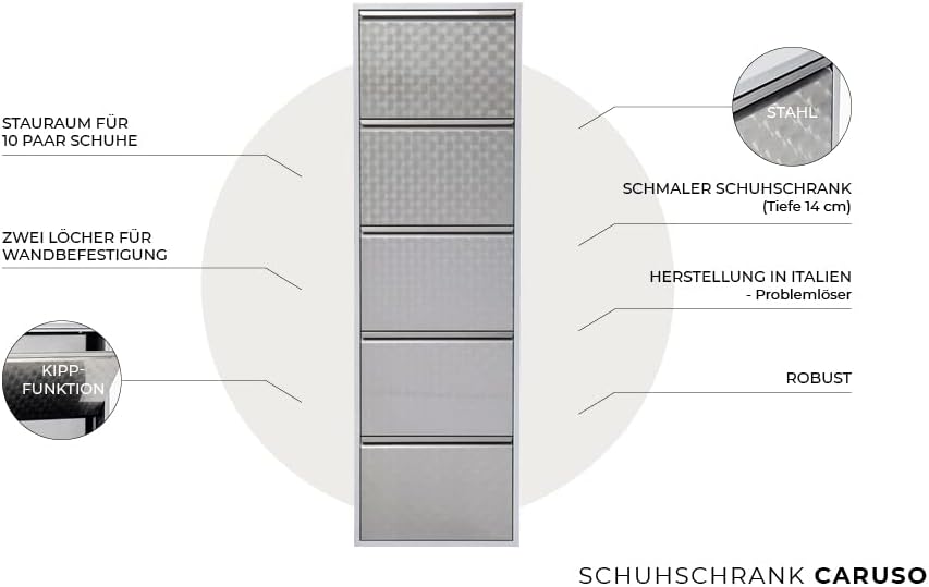 Kare Design 5er Schuhkipper Caruso, Metall/Silber, Schuhablage für bis zu 10 Paar Schuhe, 170x50x14cm