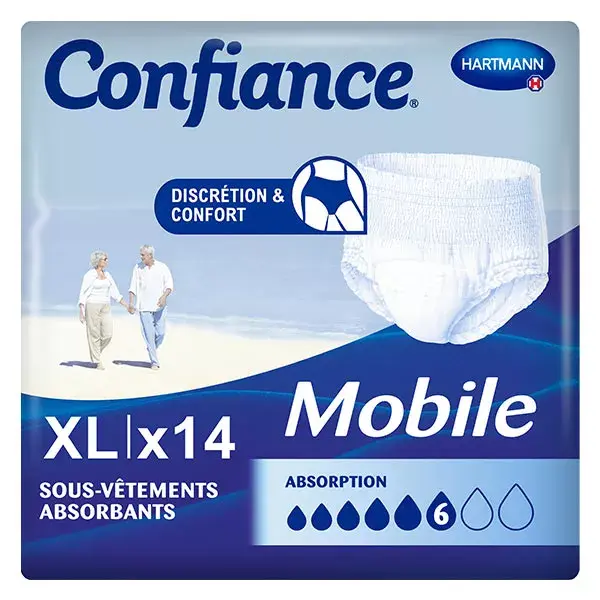 Calcinha Hartmann Confidence Mobile com absorção de 6 gotas, tamanho XL, 14 unidades.