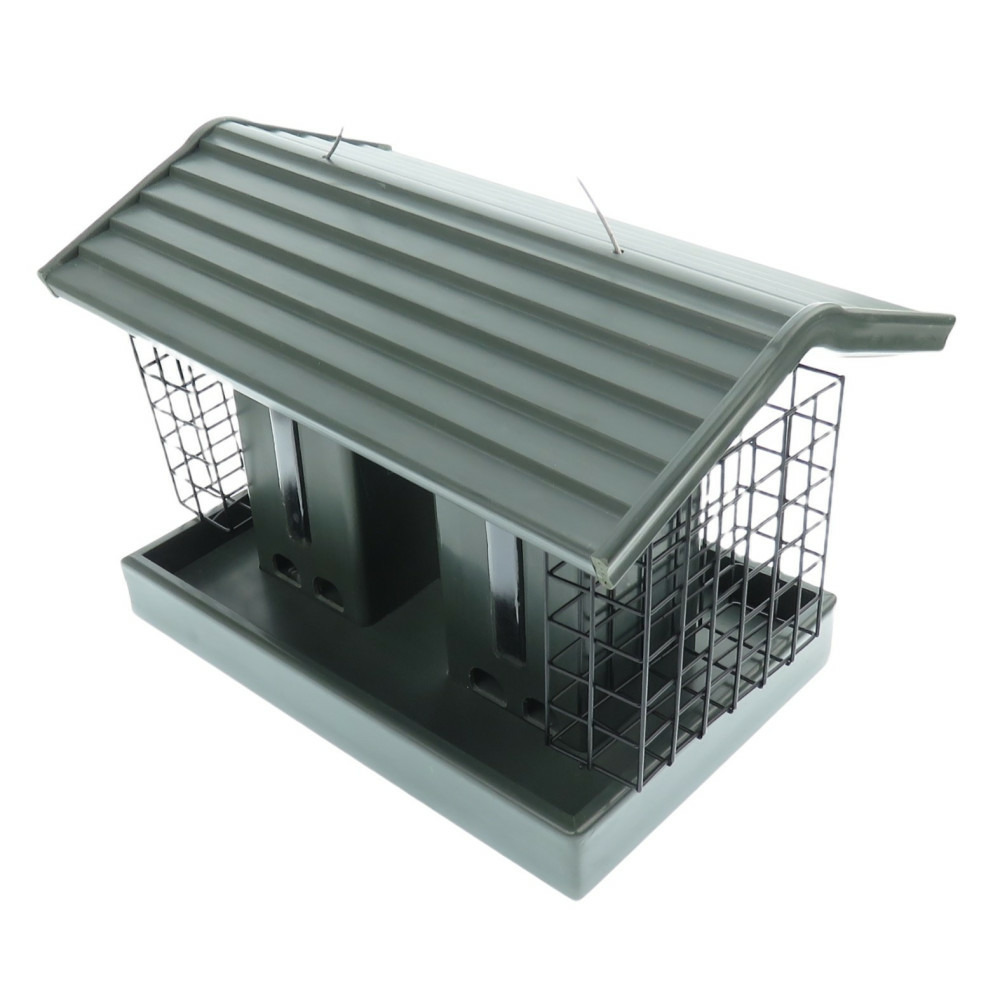 Mangeoire silo 2 en 1, graines et blocs, vert, bois composite, pour oiseaux