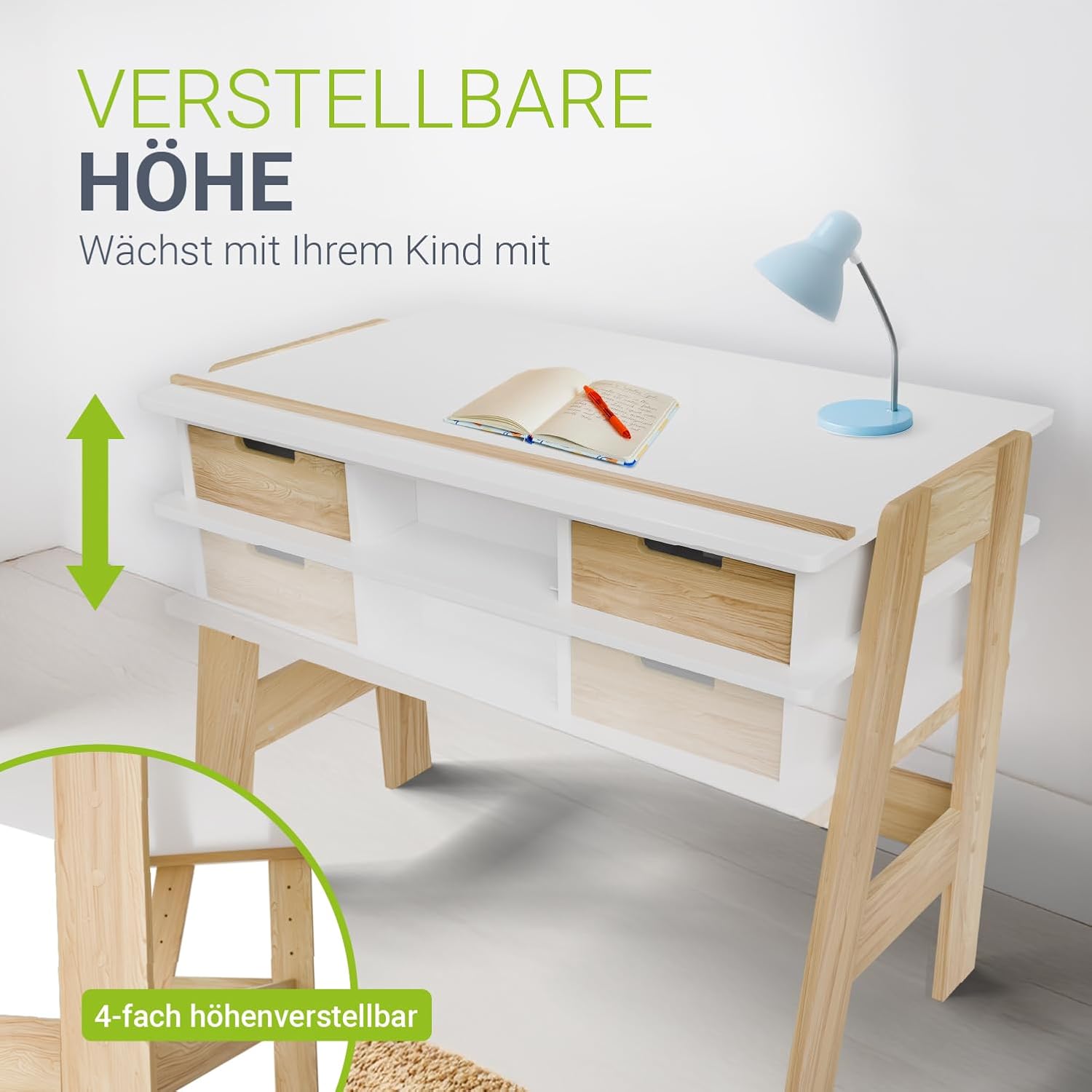 Juskys Kinderschreibtisch Fietje Plus - Neigungs- & höhenverstellbarer Schreibtisch für Kinder - aus Holz, 2 Schubladen, Stauraum - Lerntisch in Weiß