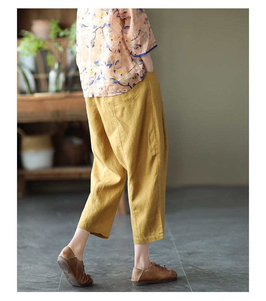 Lewwe - Effen cropped harembroek met elastische taille