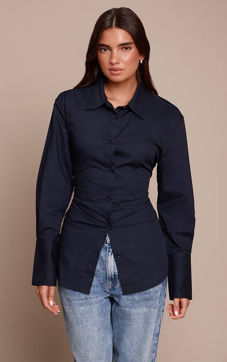Bleu Marine Chemise Cintrée À Dos Noué Et Poignets Profonds