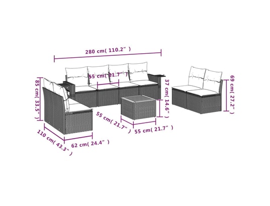 VIDAXL - Canapé Salon de jardin 9 pcs avec coussins gris résine tressée