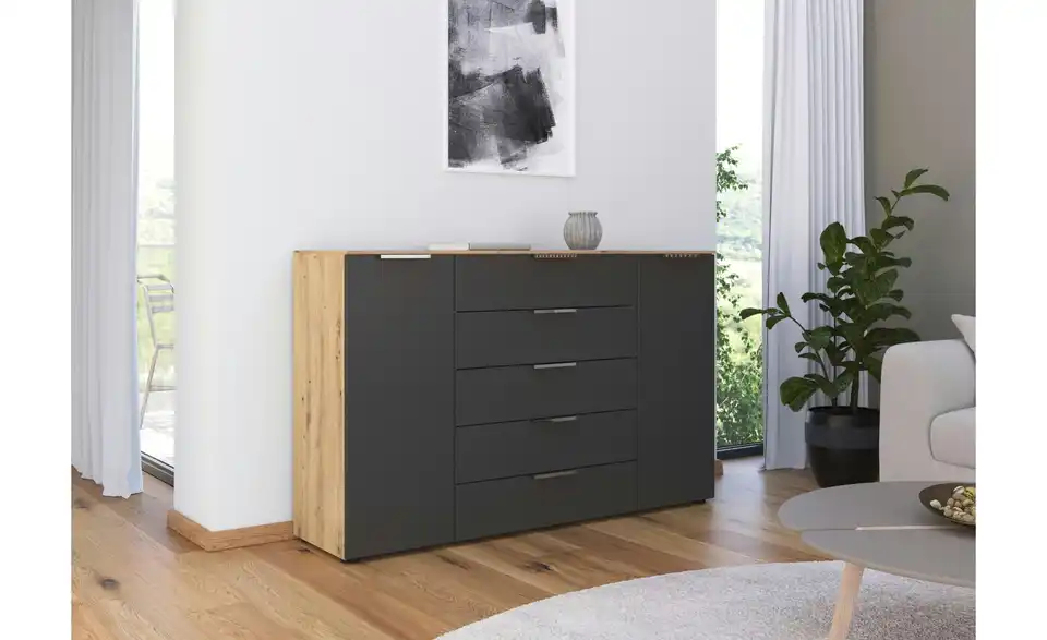 Sideboard Graphit, Eiche Artisan (Nachbildung) Front: Dekor, Oberboden: Dekor 160 cm verchromt