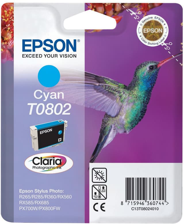 Epson blækpatron Claria T0802 Cyan