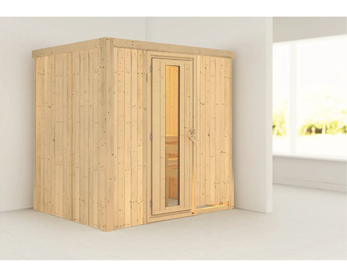 Karibu Bodina modulaire sauna zonder oven en dakrand, met houten deur en geïsoleerd glas.