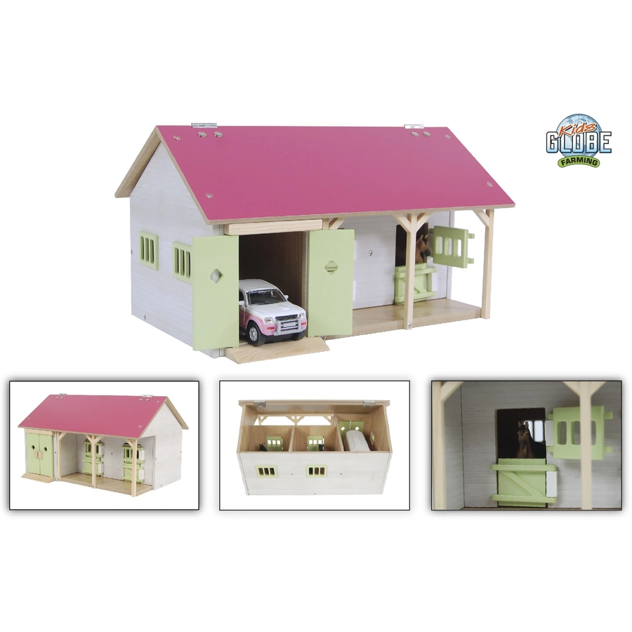 Kids Globe Farming Pferdestall mit 2 Pferdeboxen und Lagerraum Weiß, Rosa Weiß