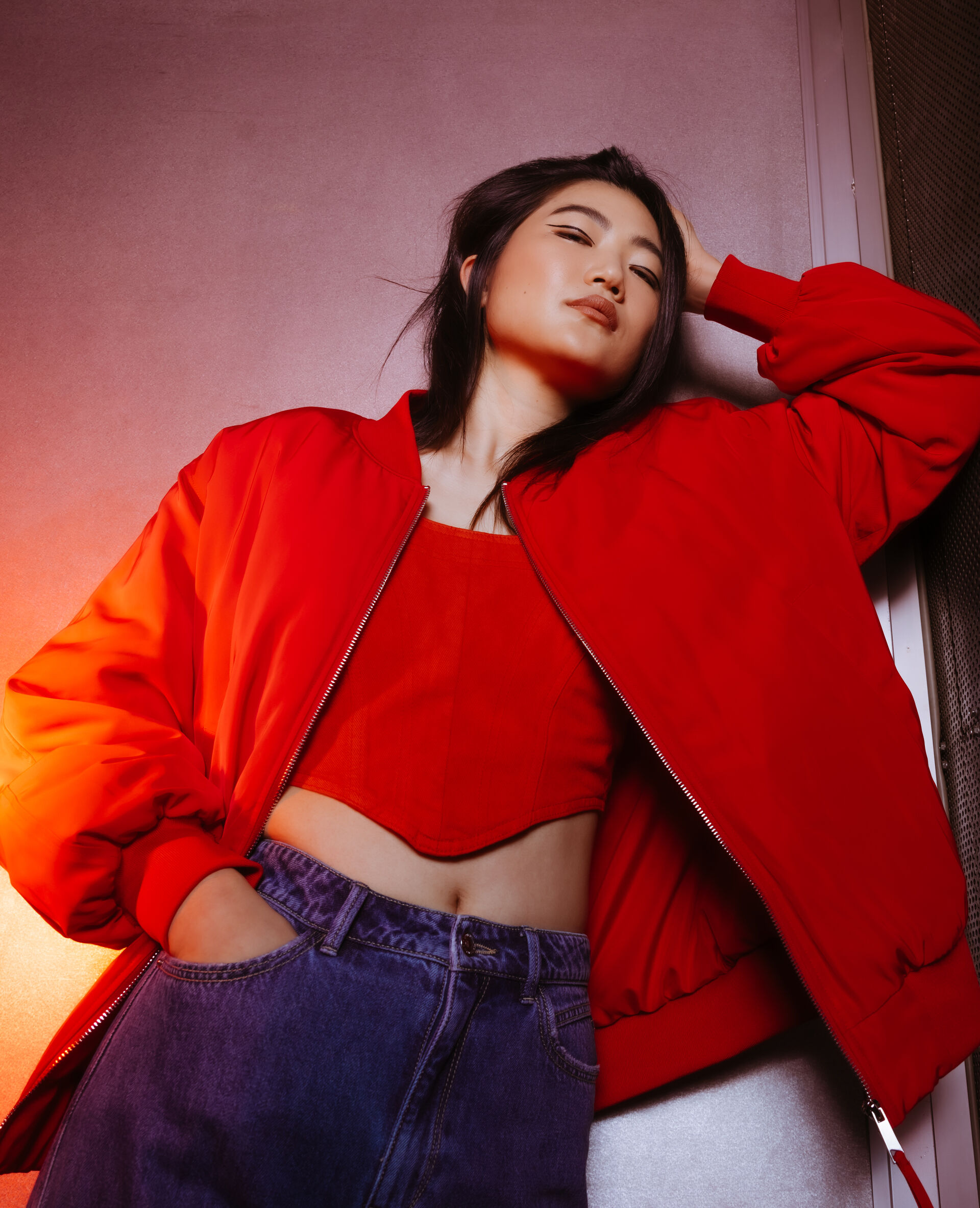Top brassière en jean - Rouge