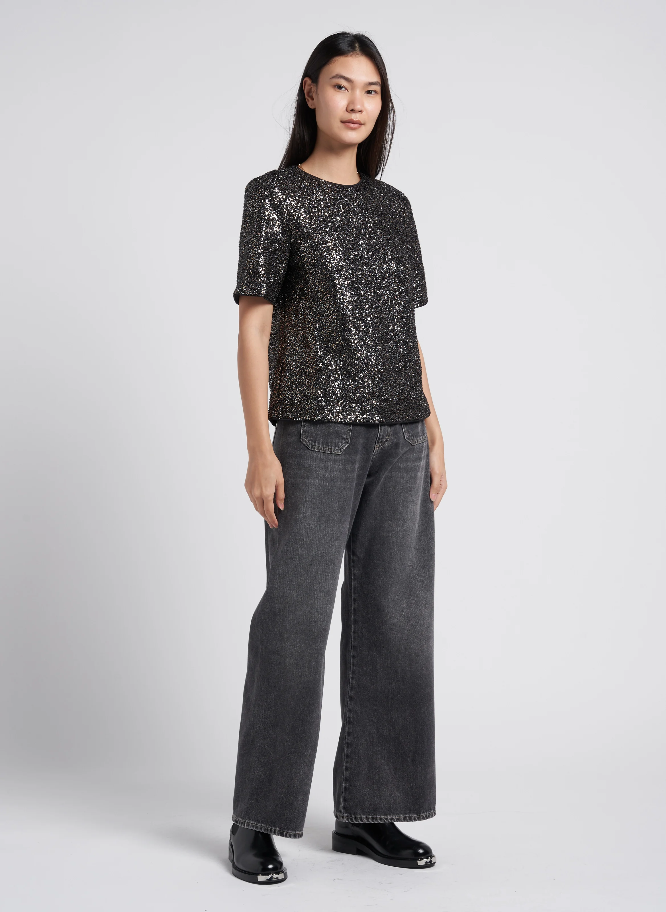 Jean flare taille haute en coton | Noir