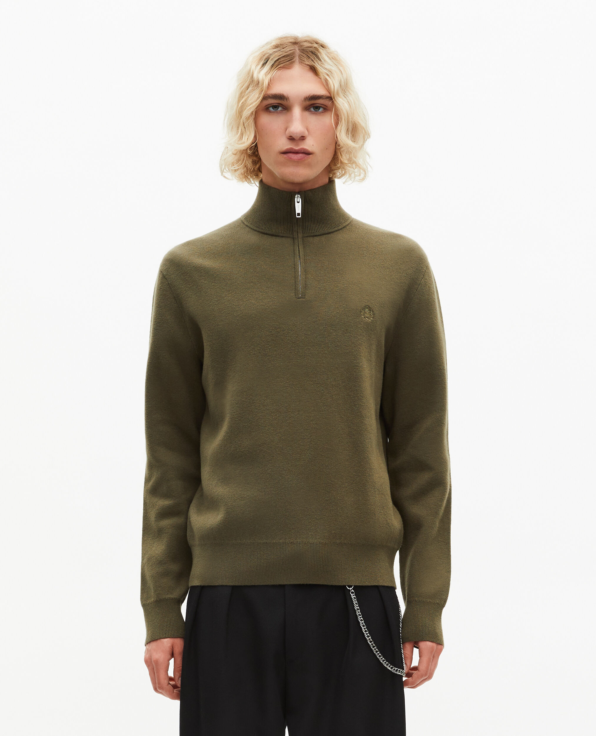 Pull col camionneur en laine double face kaki
