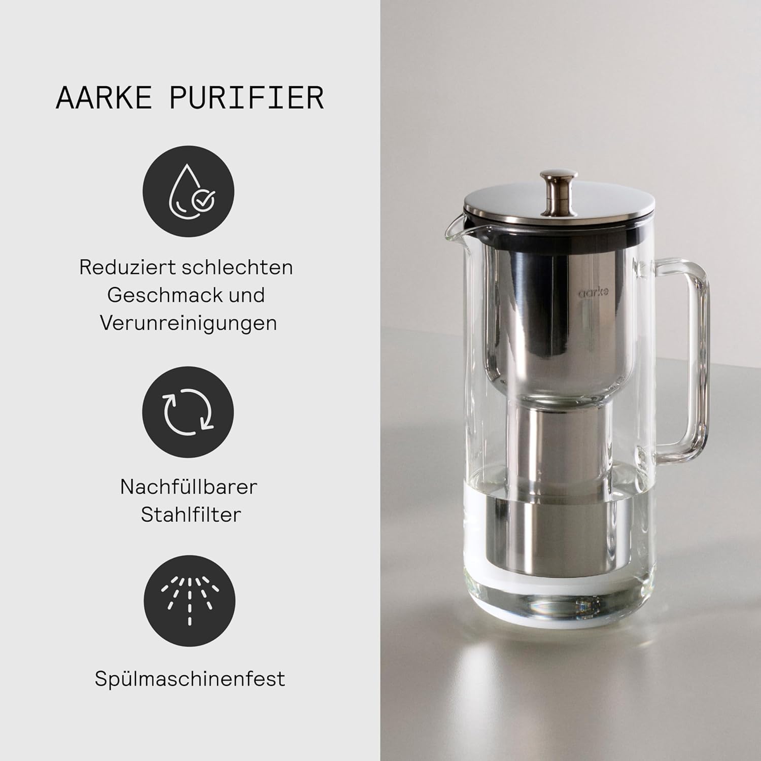 Aarke Purifier Wasserfilterkanne 1,2 L / 5 Tassen Glas & Edelstahl – inklusive Pure Filter-Nachfüllbeutel