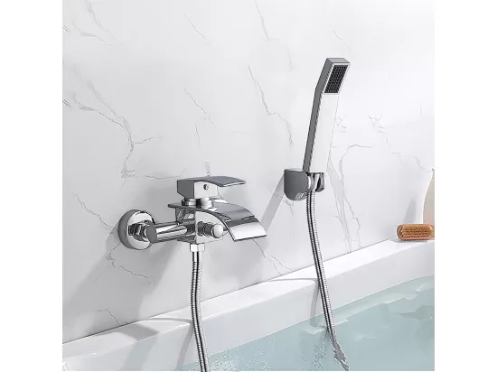 Mitigeur de Baignoire Cascade avec Douche à Main et Flexible de douche 1,5m Robinet de Douche Robinetterie mural Robinet de bain en Laiton Chrome