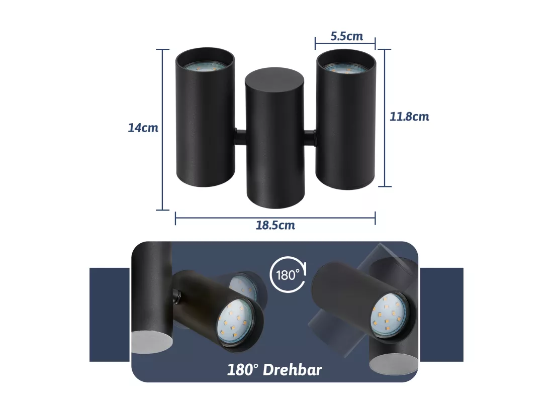 NETTLIFE Plafonnier 2 Spots de Plafond Noirs - GU10 Métal Moderne Pivotant 180°Intérieur MAX.25W pour Salon Couloir Chambre Cuisine (sans Ampoule)