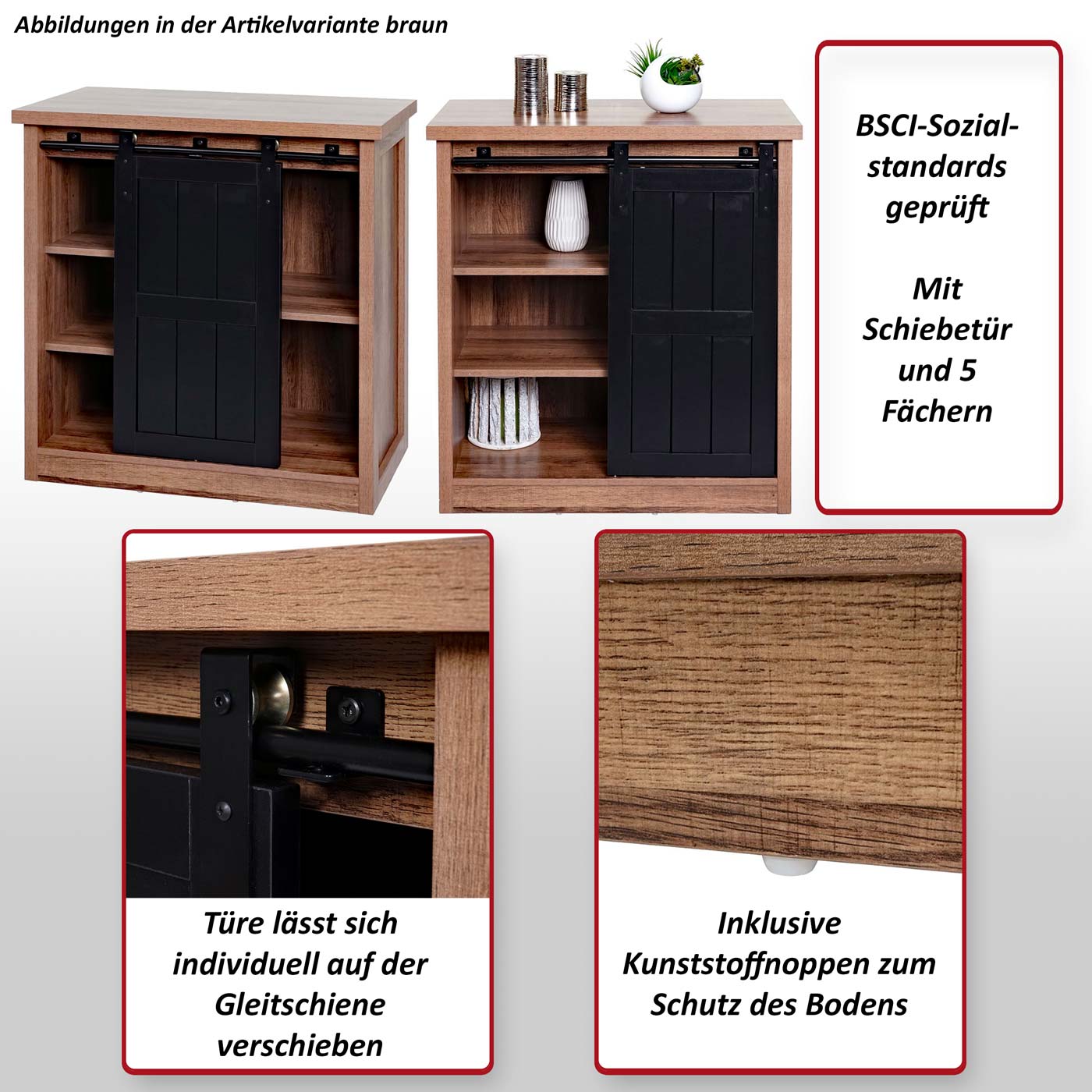Kommode MCW-K75, Schrank Regal, Schiebetüre 5 Staufächer, Holz-Optik Industrial Metall 84x80x40cm ~ braun