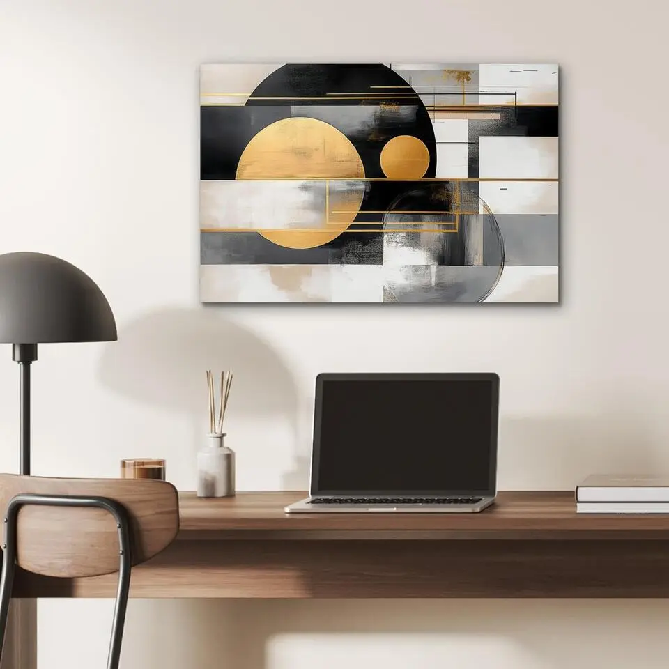 MuchoWow Aluminium Schilderij 60x40cm Abstract Goud Zilver Vormen