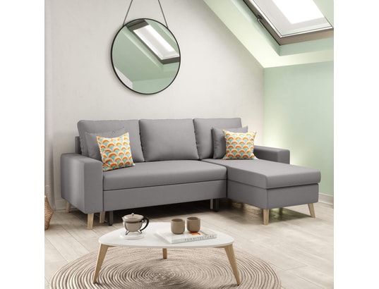 TERRE DE NUIT - Canapé convertible d'angle 3 places gris clair 140x190 - 2 p...